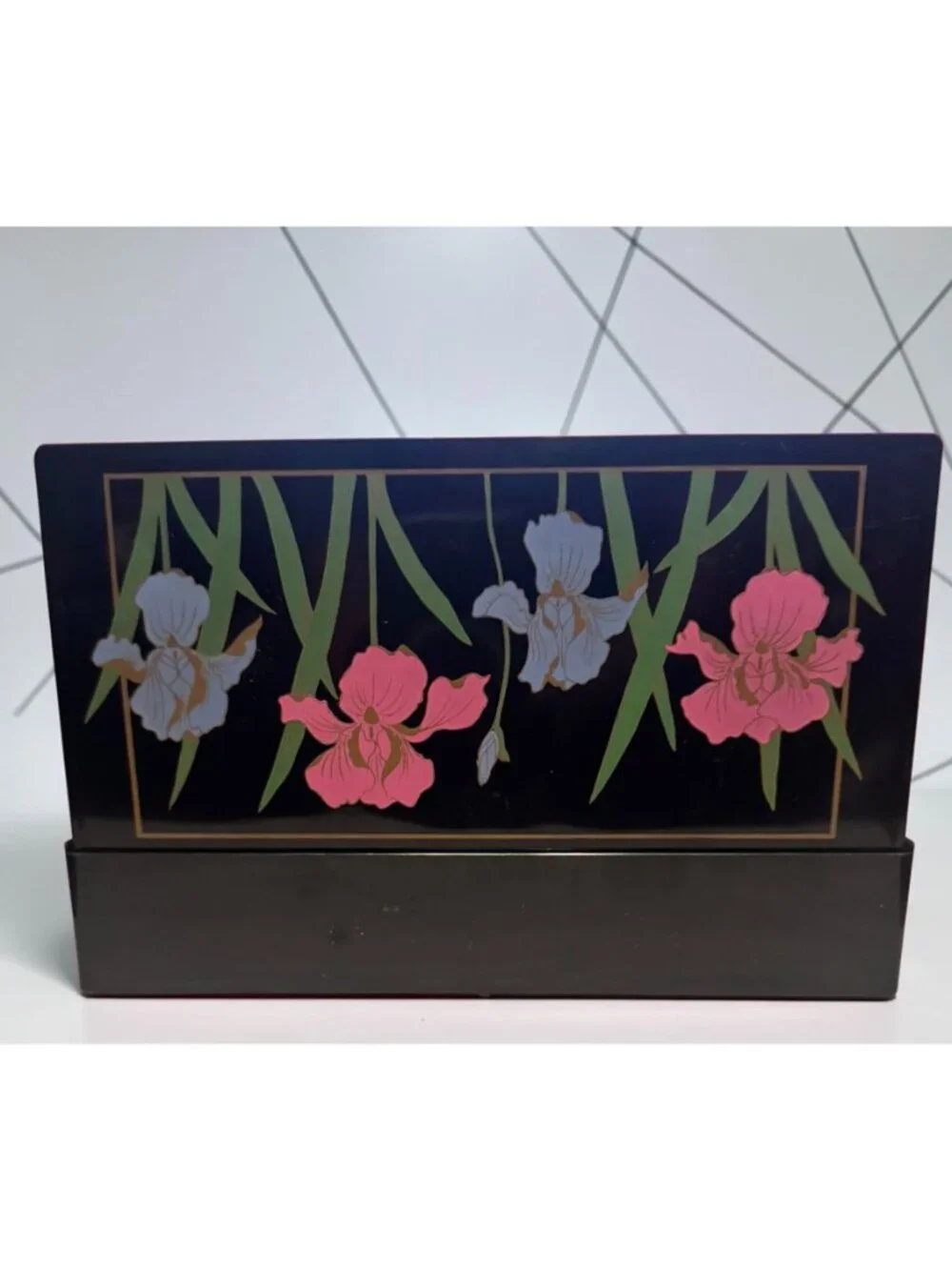Vintage Black Faux Lacquer/Plastic Tri-Folding Mirror Jewelry or Trinket Box